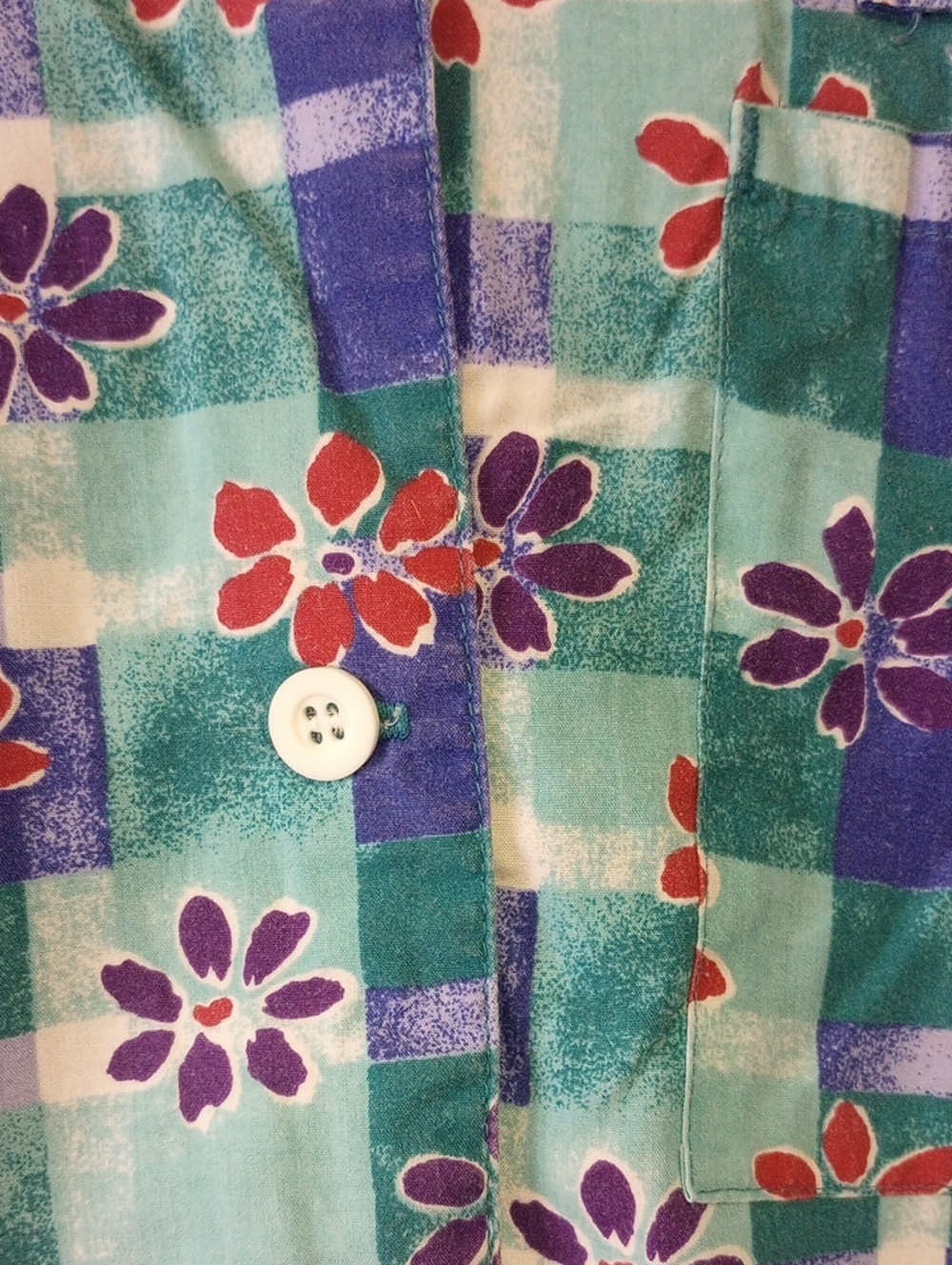 Barco Uniforms Colorful Floral & Plaid Button Down Scrub Top. Green Purple Blue